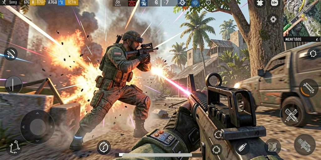 Screenshot utama 8768 menunjukkan ketegangan penuh aksi pertempuran FPS.
