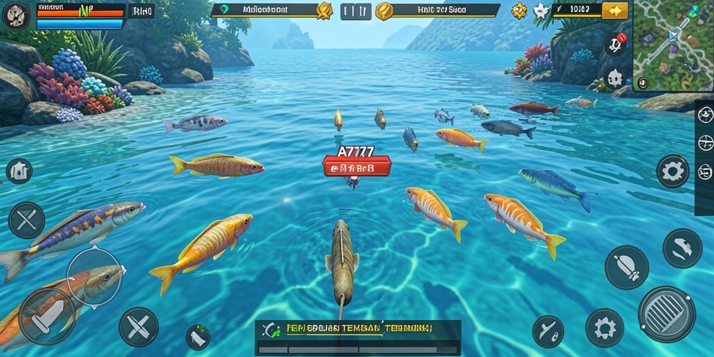 Tampilan gameplay menarik A7777 saat menembak ikan.