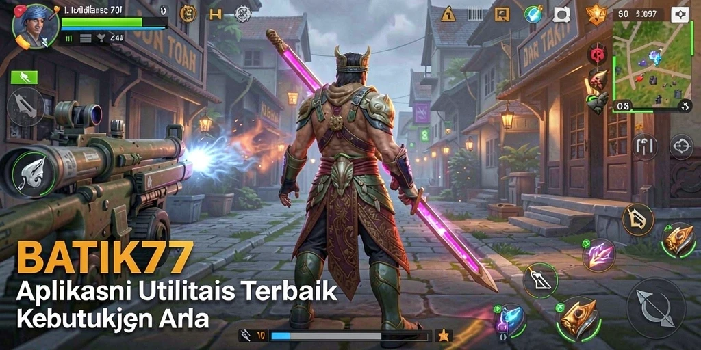 Tampilan utama aplikasi BATIK77 yang menunjukkan fitur utilitas.