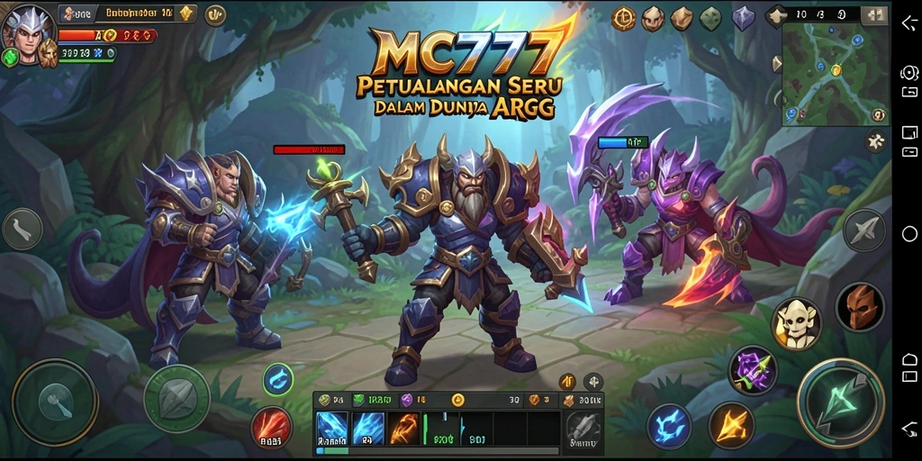 Screenshot gameplay MC777 yang menunjukkan pertarungan seru di dunia fantasi.