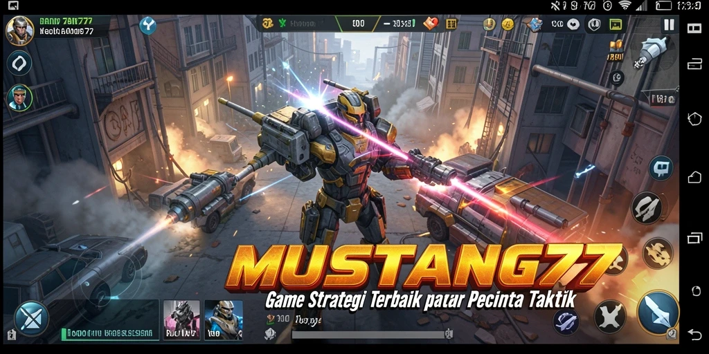 Screenshot menunjukkan pertempuran seru dalam MUSTANG77 dengan elemen strategi yang mendalam.