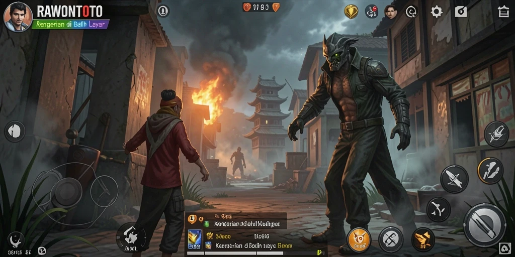 Tangkapan layar gameplay RAWONTOTO menampilkan atmosfer menakutkan dan elemen horror.