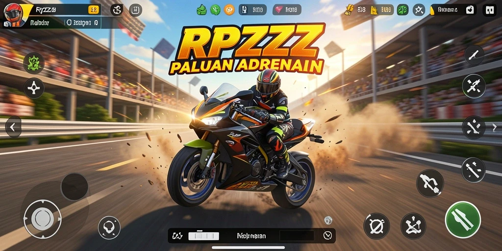 Screenshot permainan RPZZZ menunjukkan aksi balapan motor yang mendebarkan.